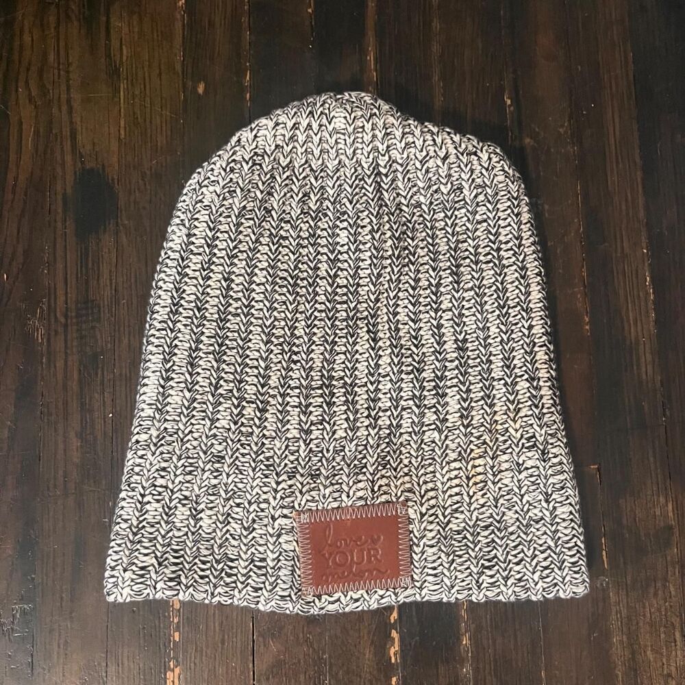 Love Your Melon | Black & White Leather Patch Beanie | 100% Cotton | Made in USA